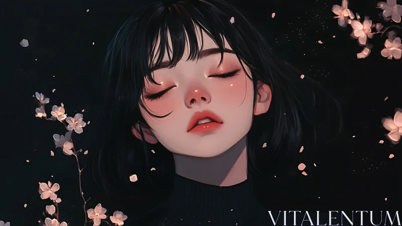 Girl with closed eyes amid soft falling cherry blossoms.