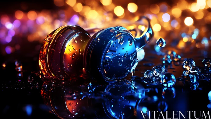 Photorealistic macro of wet chromatic headphones on bokeh stage.