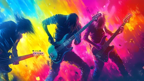 Neon rock trio shredding guitars in explosive color storm.