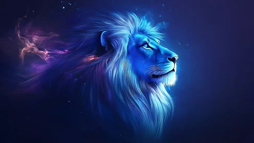 Blue neon lion profile with glowing cosmic mane art.