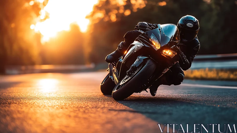 Sunset sport bike carving through a glowing open road.