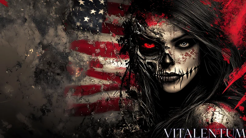 Paint-slashed skull siren before a tattered flag of night.