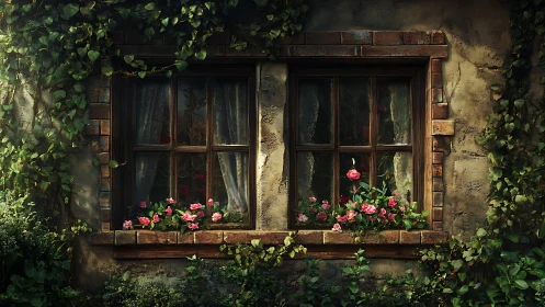 Aged stucco wall with twin mullioned windows and ivy blooms