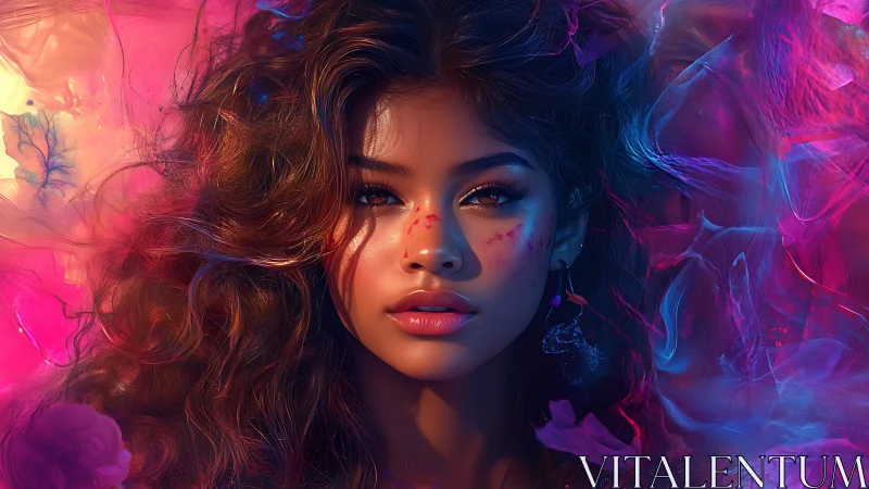 Radiant portrait merges neon light and ethereal floral haze