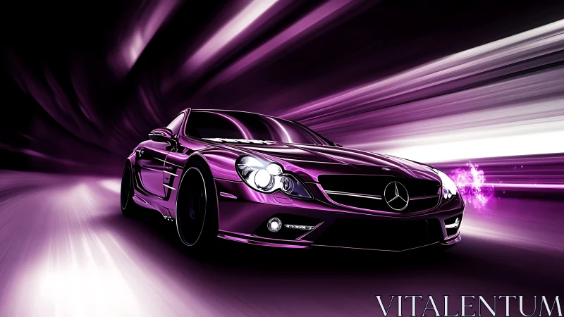 Sleek purple sports car glides through glowing neon speed tunnel