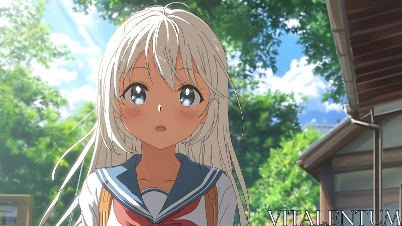 Summer-lit schoolgirl portrait under dappled foliage sky.