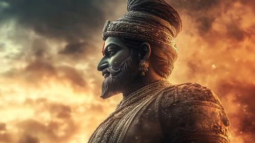 Regal warrior statue in ornate armor against fiery sky.