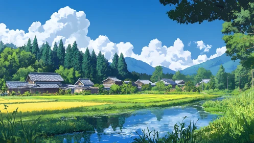 Rural Japanese houses line bright rice fields by calm river