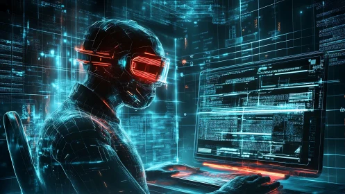 Neon code-runner locked in a glowing cyberpunk command storm.