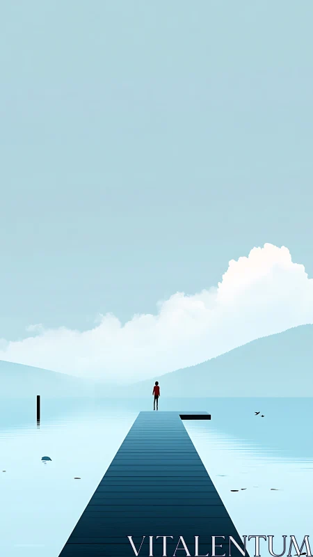 Solitary figure on minimalist lakeside pier under pale sky