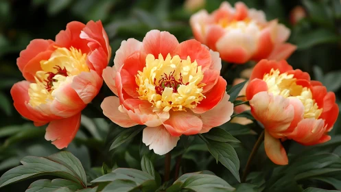Red and yellow peonies with full double blooms in garden setting