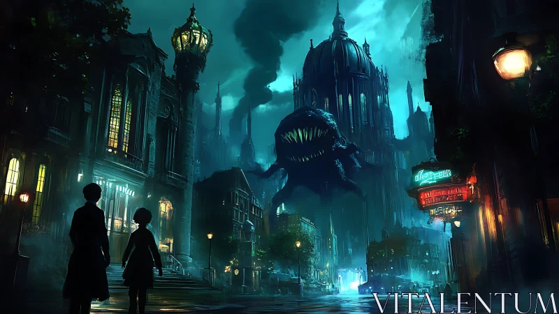 Giant shadow creature over gothic city at night.