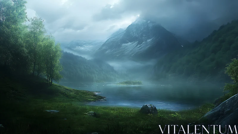 Mist-draped mountain cradle whispers over a still jade lake