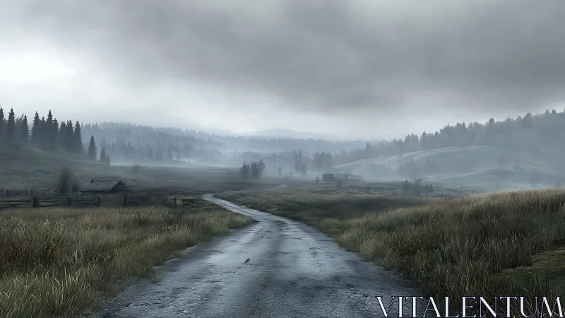 Empty wet country road under heavy gray overcast sky.