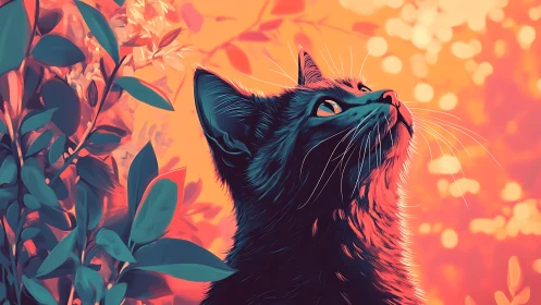 Feline Profile Against Warm Luminous Gradient with Botanical Elements