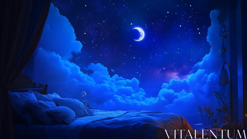 Moonlit bedroom sails softly into a cloud-bright night sky