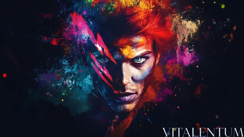 Electric gaze carves lightning through a nebula of wild paint