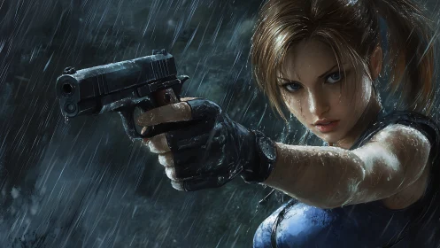 Armed woman aims handgun in heavy rain with intense focus.