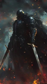 Armored figure stands with dual swords amid scattered embers