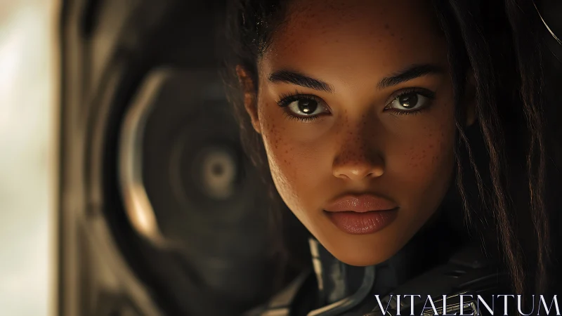 Female subject in sci-fi armor with focused frontal gaze.