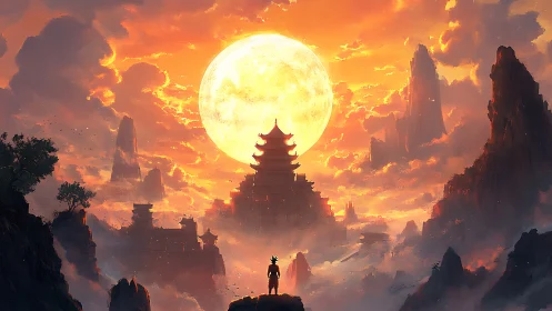 Luminous lunar pagoda citadel framed by stratified mist peaks.