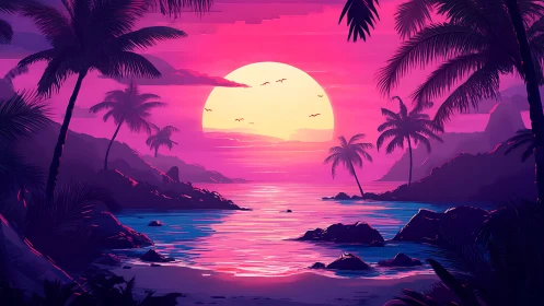 Chromatic tropical bay under neon-saturated digital sunset.