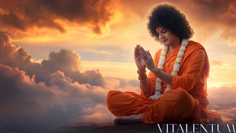 Meditating Hindu guru above glowing sunset clouds.