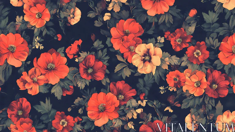 Vibrant Red and Orange Florals Against Deep Navy Background