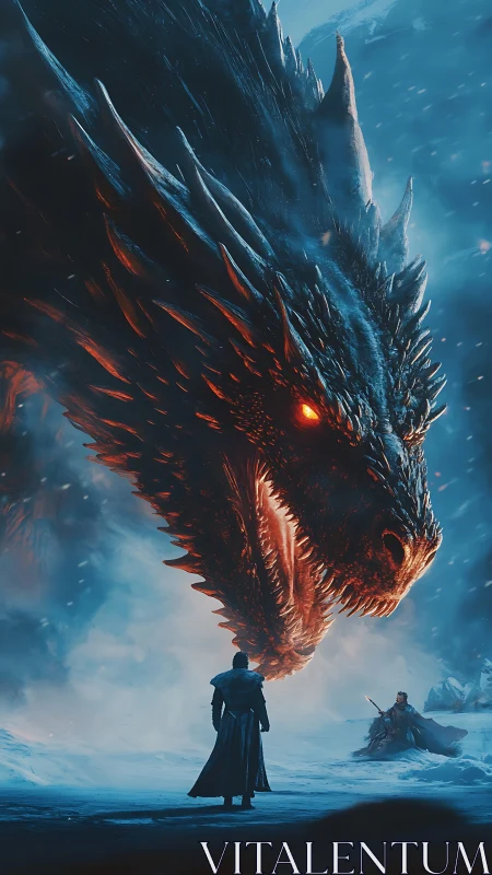 Giant firelit dragon confronts lone warrior in frozen wasteland