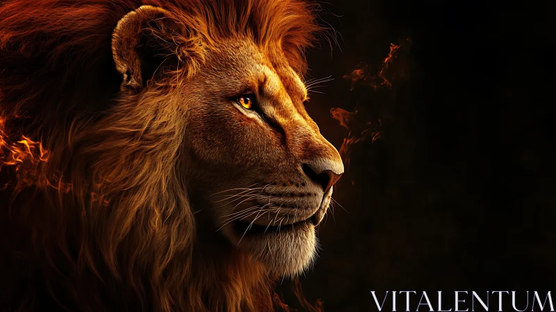 Ember crowned lion king gazes through smoldering twilight.