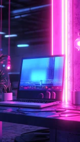 Neon-soaked laptop listens quietly to the electric midnight