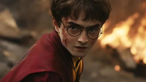 Firelit young wizard steadies his gaze in the storm of sparks.