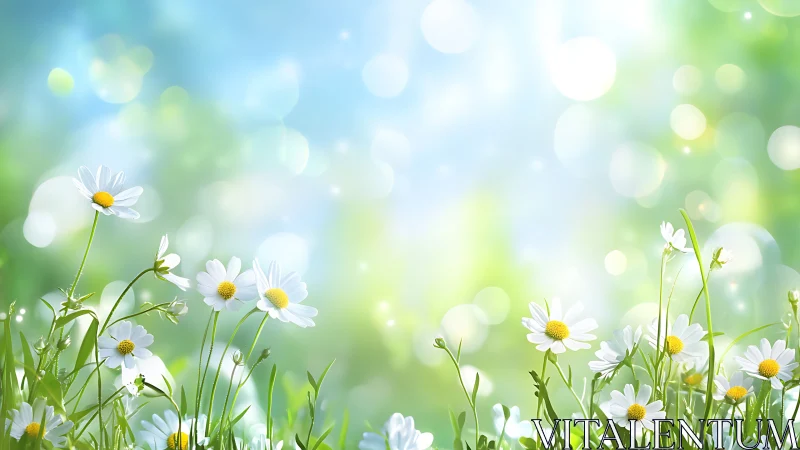 Daisy flowers stand in sharp focus against blurred bokeh sky