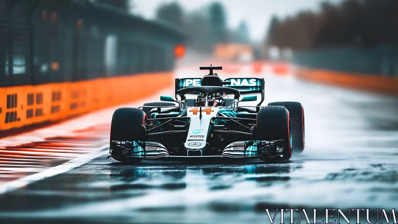 Wet-track Formula One chassis under dynamic rain load testing.