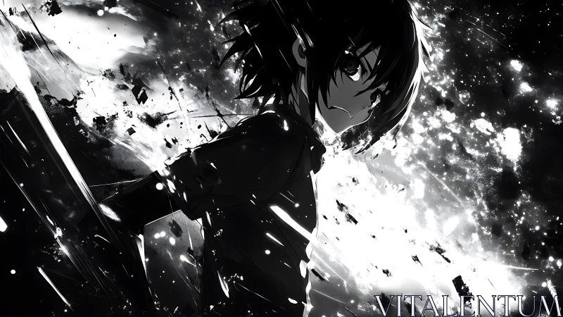 Monochrome anime figure amid dynamic abstract fragments.