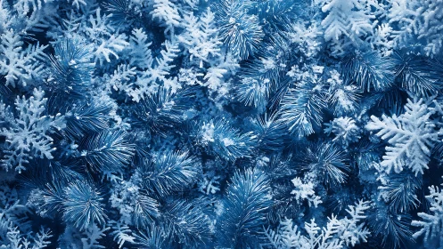 Frosted blue fir branches with crystalline snow textures.