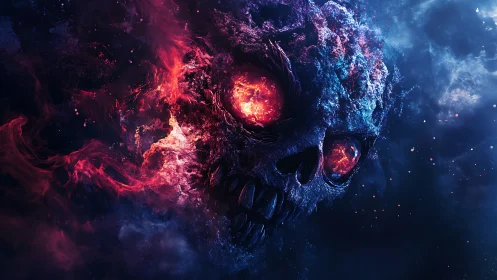 Skull-like cosmic structure with molten luminous eye sockets.