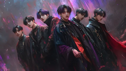 Moody fantasy boy band stands strong in swirling neon mist