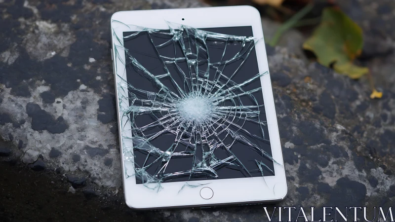 White tablet sits shattered, its screen fractured into crystalline web patterns