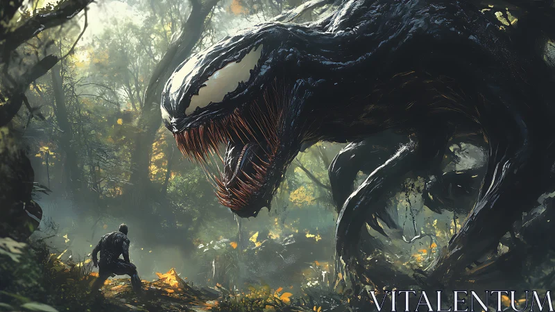 Giant black monster confronting lone figure in forest.