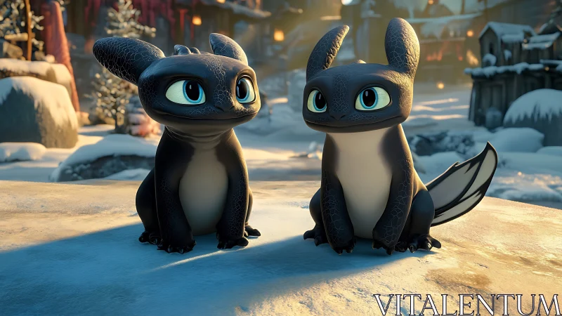 Playful baby dragons sharing a snowy sunset moment together.