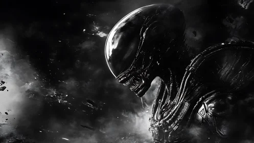 Biomechanical alien silhouette dominates dark void scene.