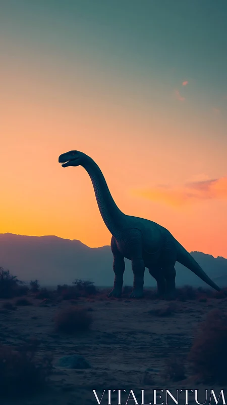 Sauropod silhouette in chromatic desert sunset gradient.