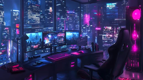 Cyberpunk gaming battlestation overlooks neon cityscape.