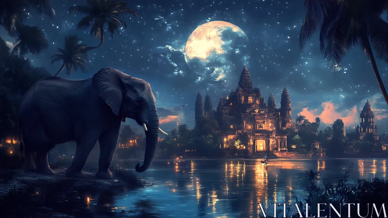 Gentle moonlit elephant watching over a glowing riverside temple.