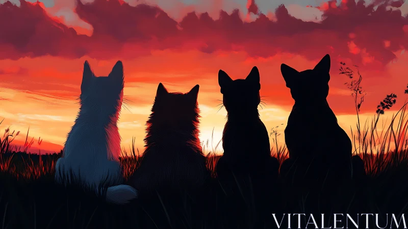 Four Cats Silhouetted Against Burning Sunset Sky