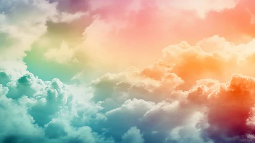 Multicolored cumuliform cloudscape with gradient atmospheric lighting