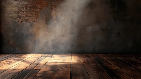 Gentle sunlight warms a rustic wooden floor and aged wall