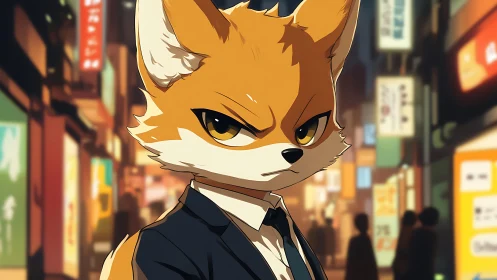 Sharp-eyed fox in suit on neon lit city street at night.