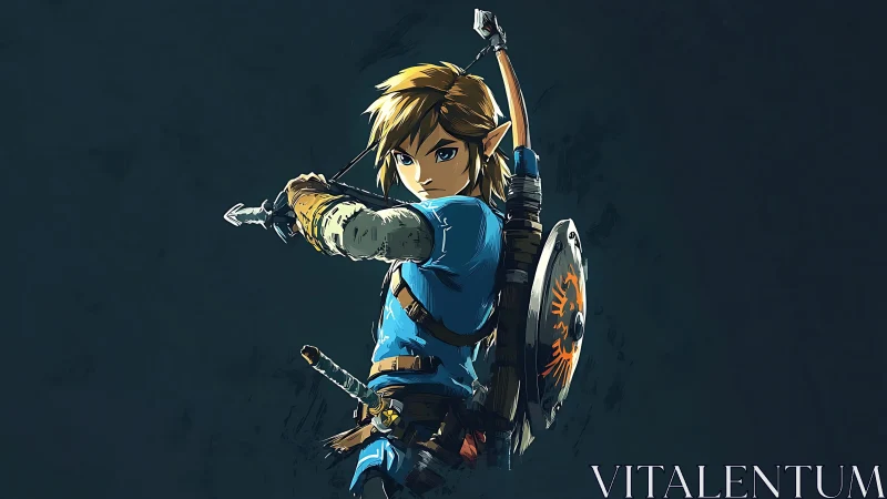 Hylian archer poised in luminous blue against nightfall hush.